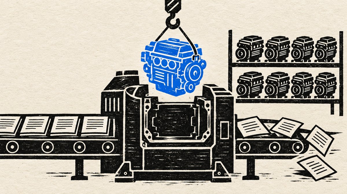 Uma máquina de processar documentos recebe um motor novo, em azul, enquanto papéis saem tortos da esteira e outros motores aguardam na prateleira