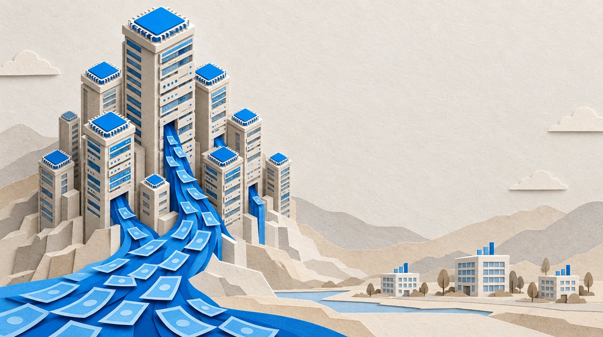 Torres de chips e servidores recebem um fluxo de recursos enquanto pequenos gráficos de resultado crescem pouco ao lado